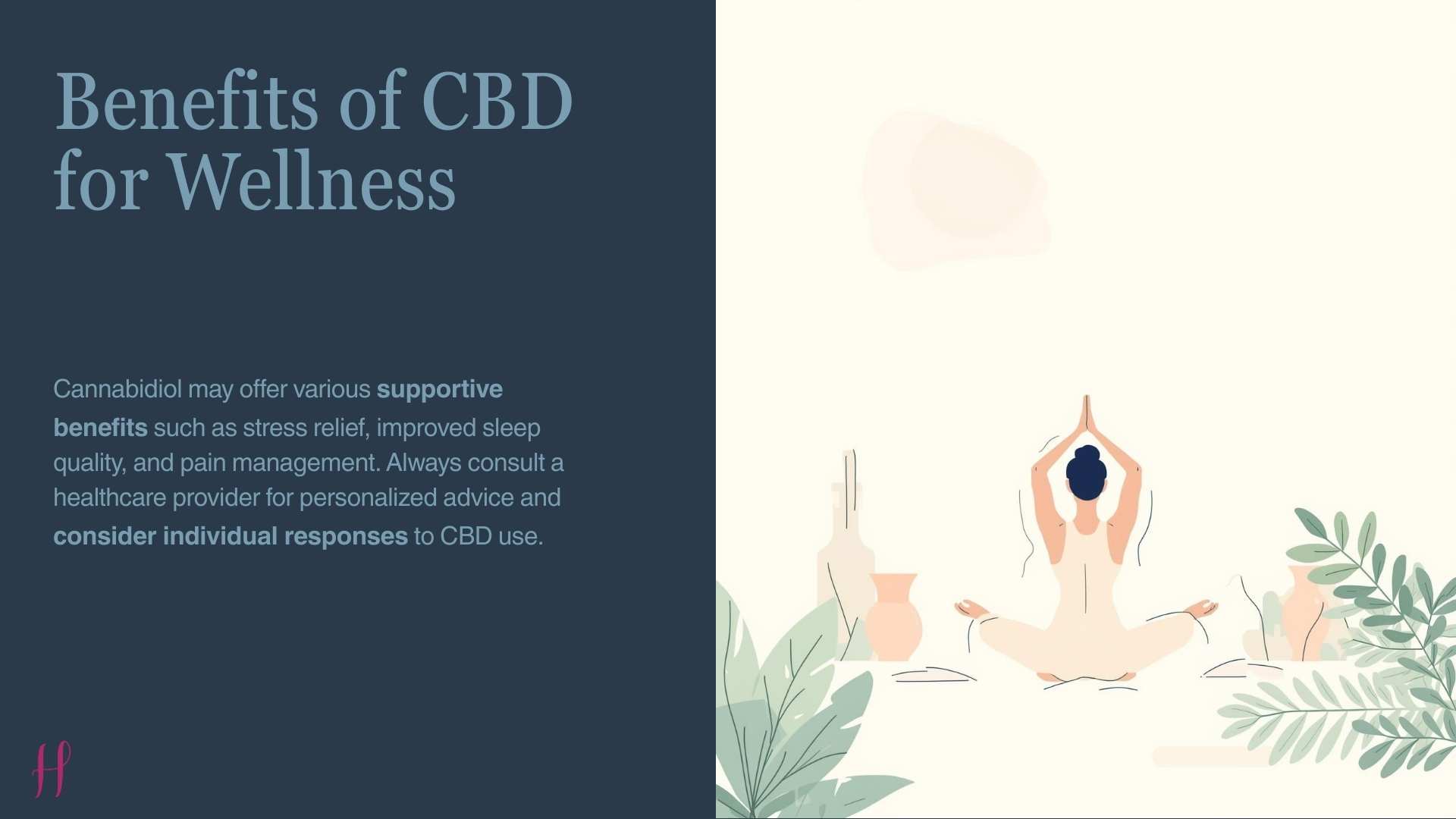 Illustration showing wellness benefits of CBD including relaxation, stress relief, and improved sleep balance